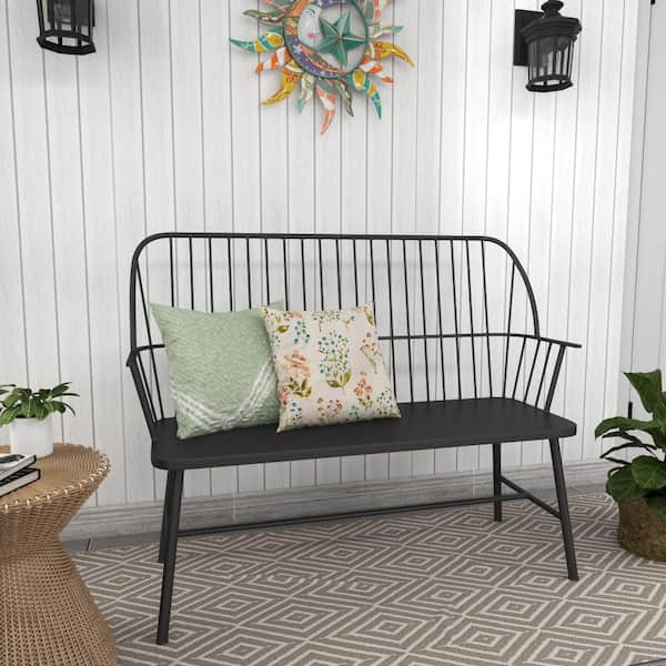 Litton Lane 2 Person Black Metal Indoor Outdoor Grill Style High Back Frame Bench with Trestle Legs and Armrests 86945 The Home Depot