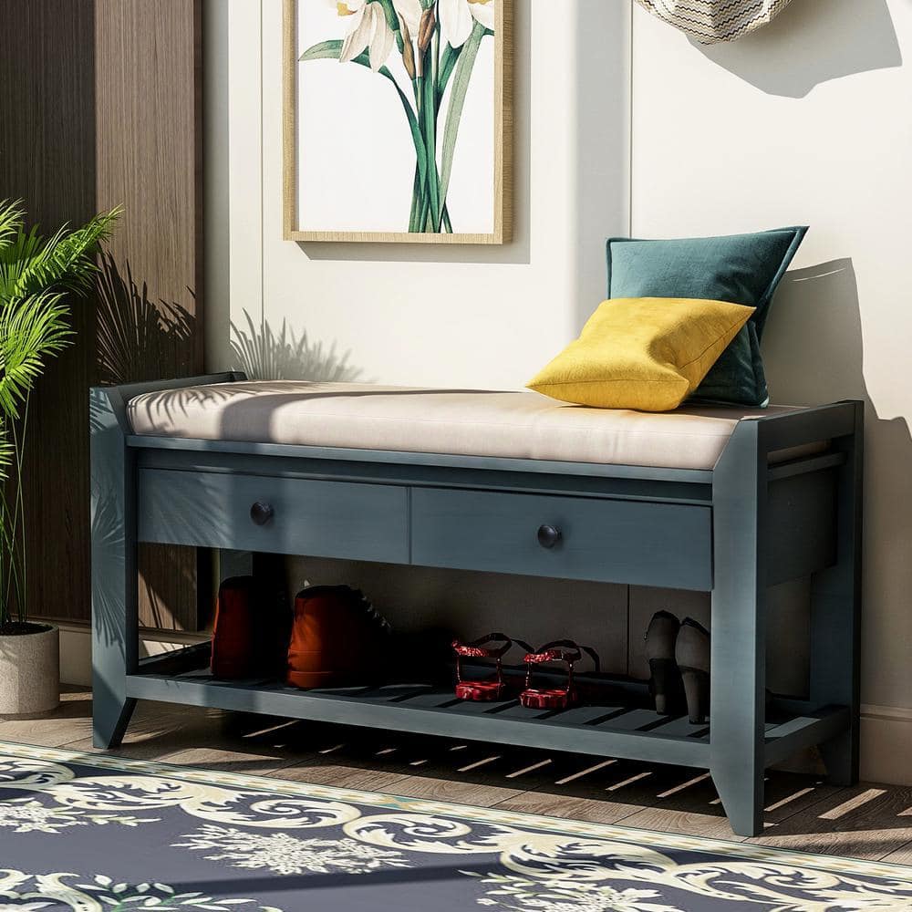 Blue Multipurpose Entryway Storage Bench with Cushion and Drawers 39 in. W x 14 in. D x 19.8 in. H
