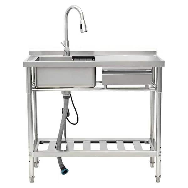 39 in. Freestanding 1-Compartment Commercial Kitchen Sink in Stainless Steel with Faucet