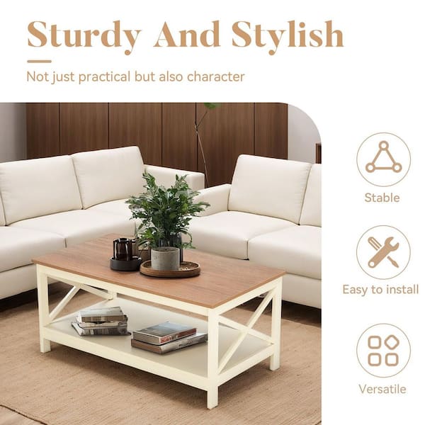 PHI VILLA 39.3 in. Ivory Rectangle MDF X-Shape Design Coffee Table
