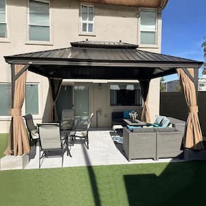 12 ft. x 14 ft. Bronze Aluminum Hardtop Gazebo Canopy for Patio Deck Backyard Heavy-Duty with Netting and Curtains