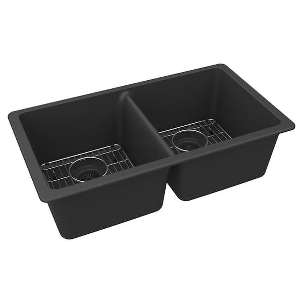 Elkay Quartz Classic 33 in. Undermount Double Bowl Matte Black Granite ...