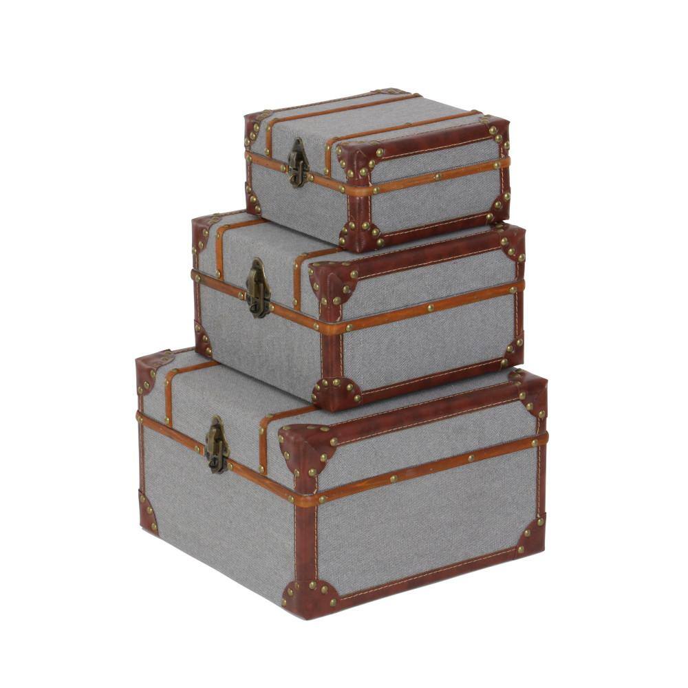 Gray Upholstered Wood 3-Piece Decorative Box Set with Hinged Lids