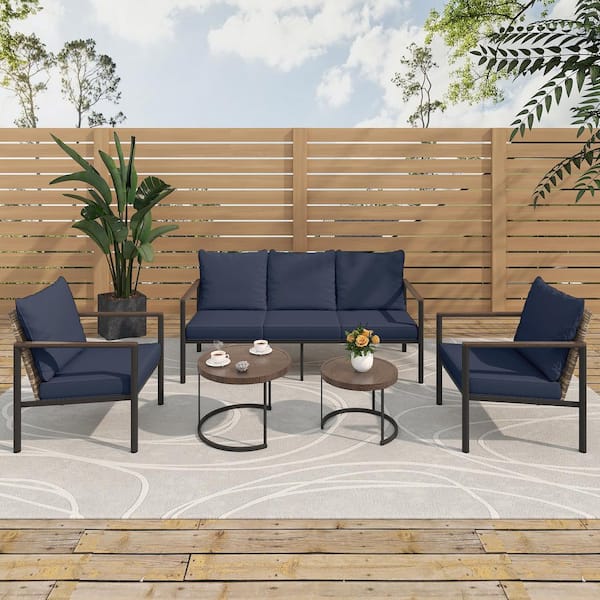 4-Piece Wicker Outdoor Patio Conversation Set with Bule Cushions, 3-Seater Sofa, Armchairs, and Nesting Coffee Tables