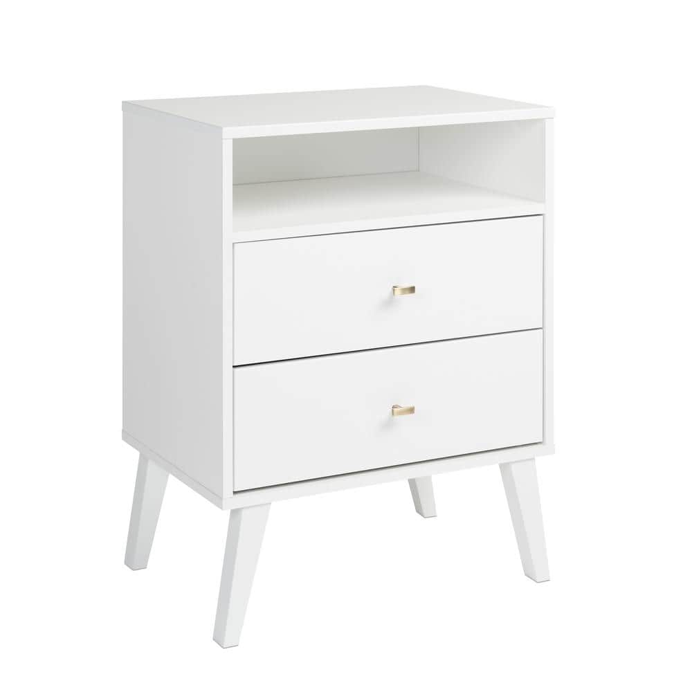 White Mid Century Modern 2 Drawer Nightstand with Shelf