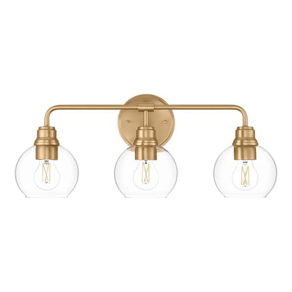 Hampton Bay Florabelle 24 in. W 3-Light Vanity Light Antique Gold Clear Globe Glass Shades