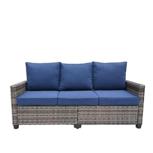 3-Seat Wicker Outdoor Patio Sofa Sectional Couch with Navy Blue Cushions