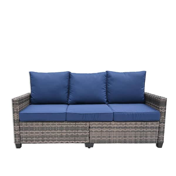 Decksplore 3-Seat Wicker Outdoor Patio Sofa Sectional Couch with Navy Blue Cushions