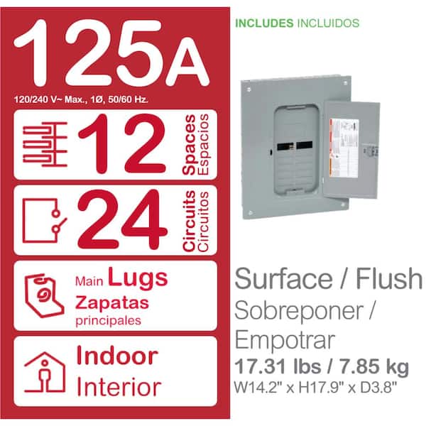 Homeline 125 Amp 12-Space 24-Circuit Indoor Main Lug Plug-On Neutral Load Center with Cover