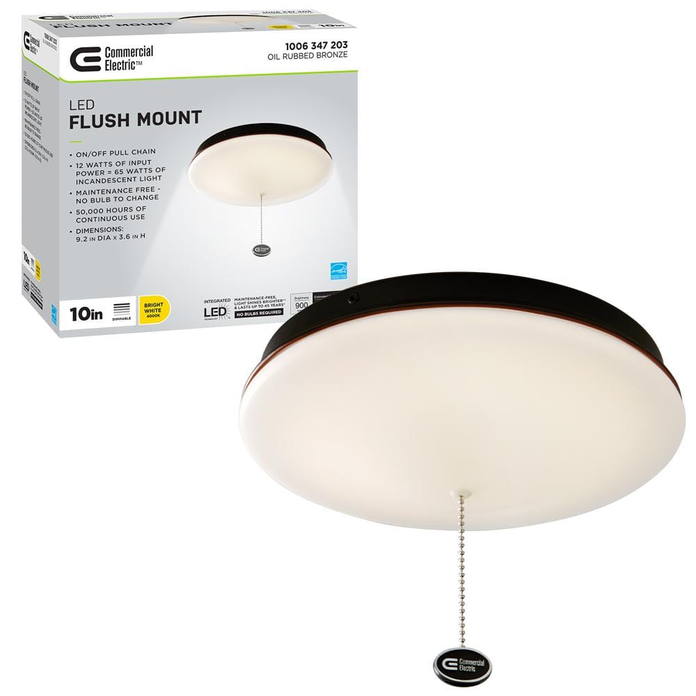 Commercial Electric 10 In Oil Rubbed Bronze Closet Light With Pull Chain Led Flush Mount Ceiling 900 Lumens 4000k Bright White 564221420 The