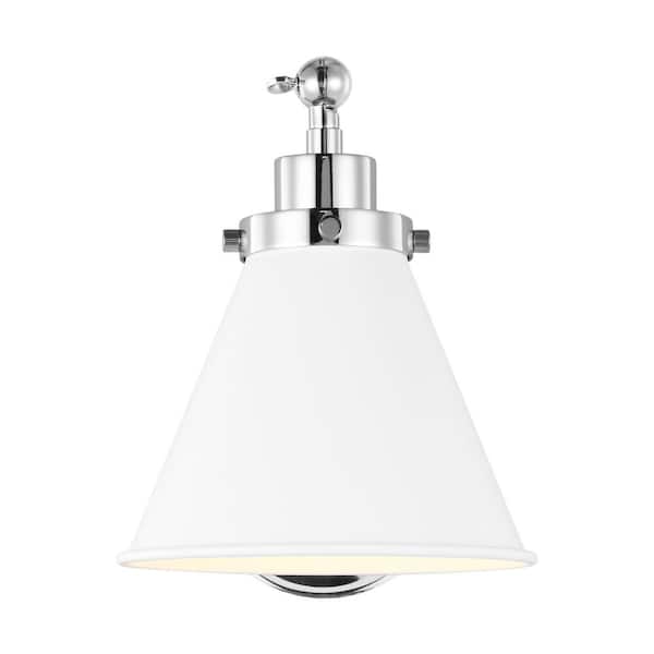 Generation Lighting Wellfleet 7.25 in. W 1-Light Matte White/Polished Nickel Single Arm Cone Task Wall Sconce with Steel Shade