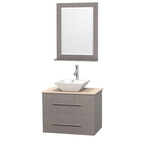 Wyndham Collection Centra 30 in. Vanity in Gray Oak with Marble Vanity Top in Ivory, Porcelain Sink and 24 in. Mirror