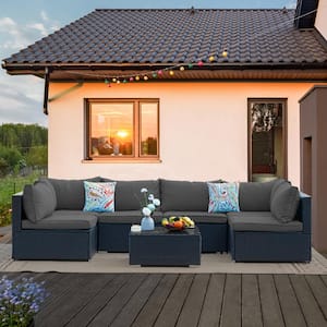 7-Piece Wicker Outdoor Sectional Set with Black Gray Cushions
