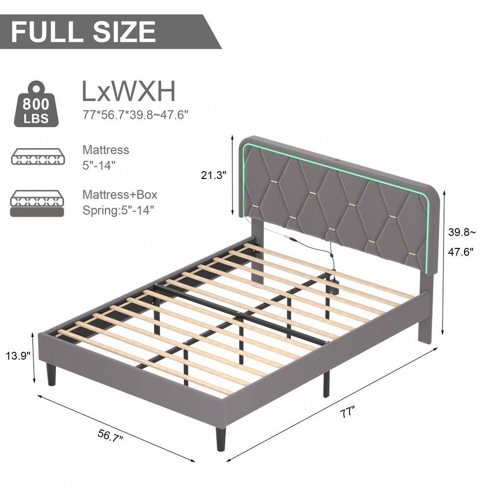 Upholstered Bed Queen Smart LED Bed Frame with Adjustable Gray Headboard, Platform Bed with Solid Wood Slats Support - thumbnail 9