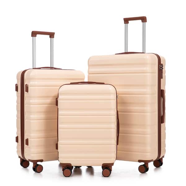 3-Piece Beige ABS Hardside Spinner Luggage Set with Combination Lock and Vertical Stripe Design (20"+24"+28")