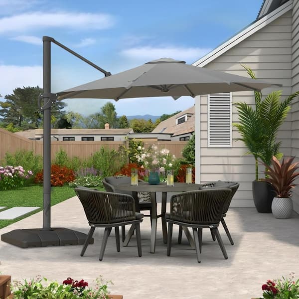 SUNVIVI 11 ft. Offset Cantilever Patio Umbrella with Heavy-Duty Base for Deck, Pool and Backyard in Grey