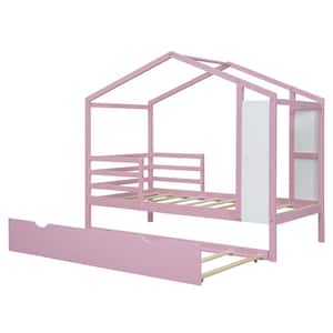 Pink Wood Frame Twin Size House Platform Bed with Blackboard, Twin Size Trundle, Fence Bedrails
