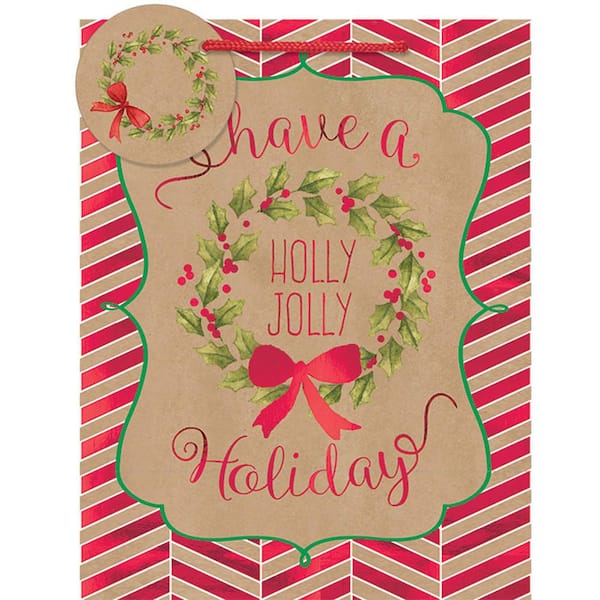 Amscan 9 in. x 7 in. x 4 in. Holly Jolly Holiday Kraft Hot Stamped Bags (18-Pack)