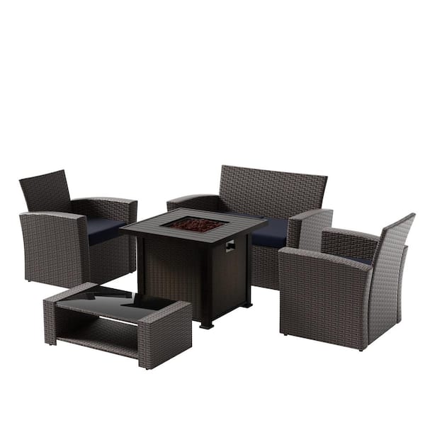 WESTIN OUTDOOR Valencia Chocolate 5-Piece Wicker Patio Fire Pit Conversation Set with Navy Blue Cushions