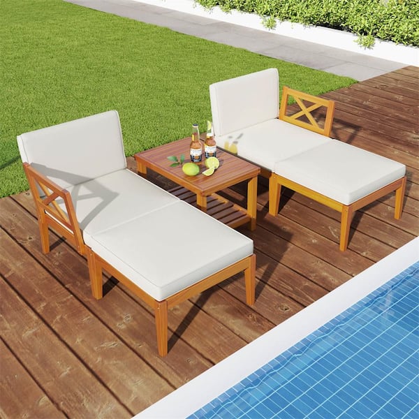 5-Piece Acacia Wood Outdoor Chaise Lounge Chair Set with 2-Tier Coffee Table White Cushions