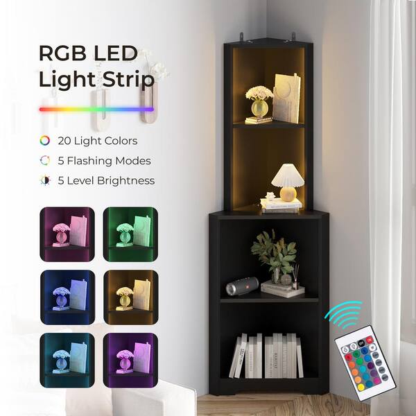 Karl home Corner Book Shelf with USB Ports and LED Lightline 65 in. Tall Black Particle Board 4 Shelf Display Bookcase K1G52005260