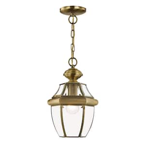Aston 12.75 in. 1-Light Antique Brass Dimmable Outdoor Pendant Light with Clear Beveled Glass and No Bulbs Included