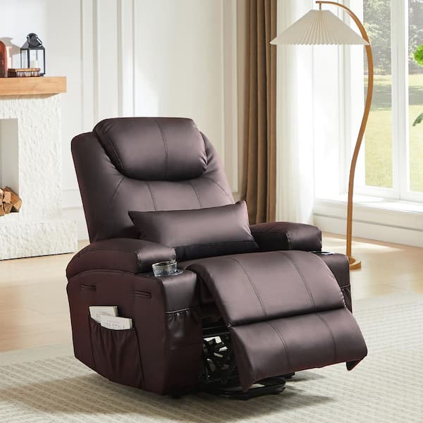 38 in. W Brown Power Lift Recliner Chair with 8-Point Massage and Heating,Living Room Chair with Pillow and Side Pockets
