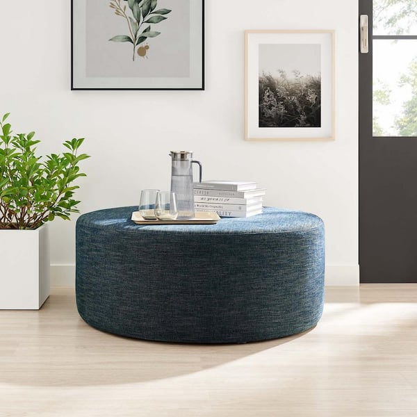 MODWAY Callum Large 38 in. Round Woven Heathered Fabric Upholstered Ottoman in Heathered Weave Azure