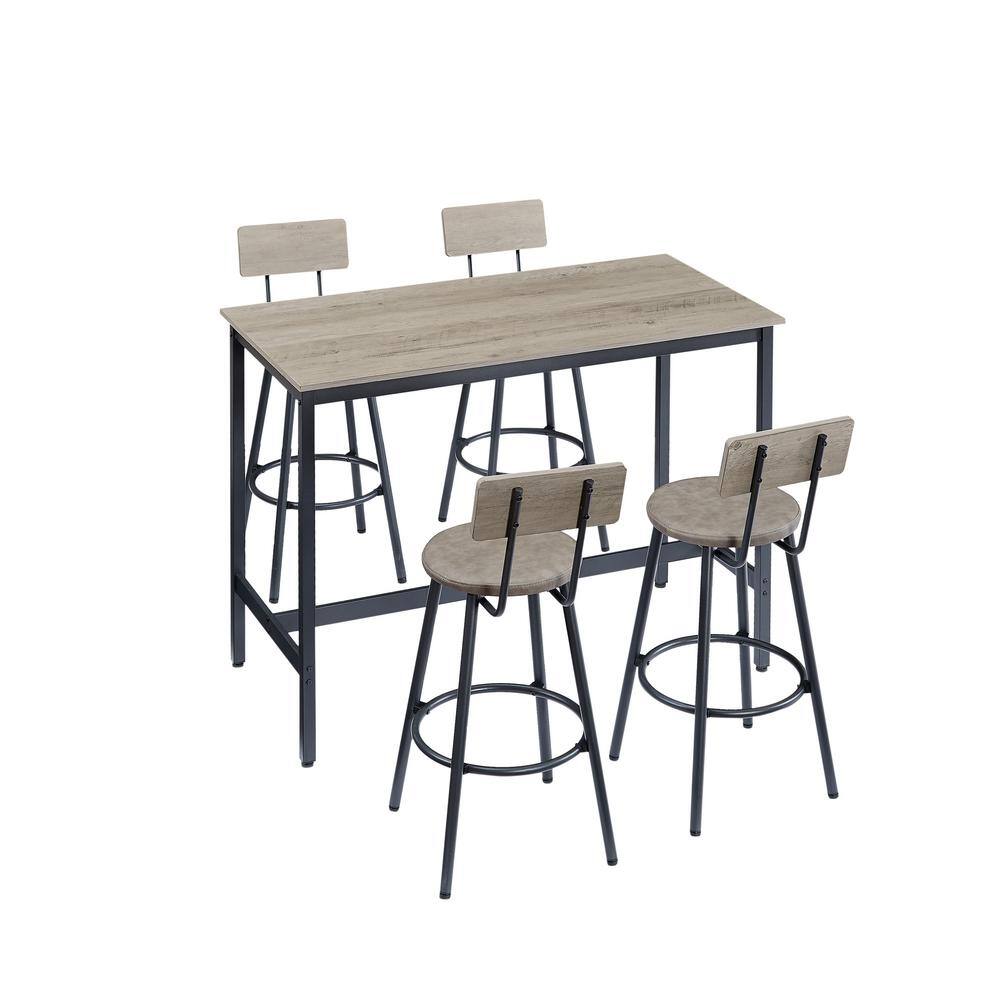 5-Piece Rustic Gray Wood Top Bar Table & Chairs Set with 4 PU Upholstered Seat Stools, Dining Table Set for 4