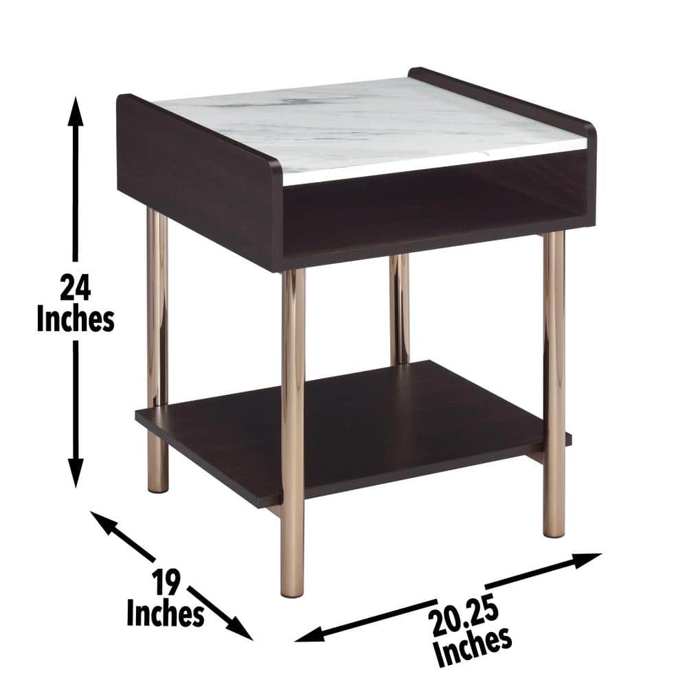 Walnut and White Marble Top End Table with Storage