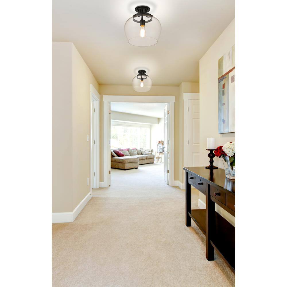 Joliet 13" Matte Black Steel and Glass Semi Flush Mount Light