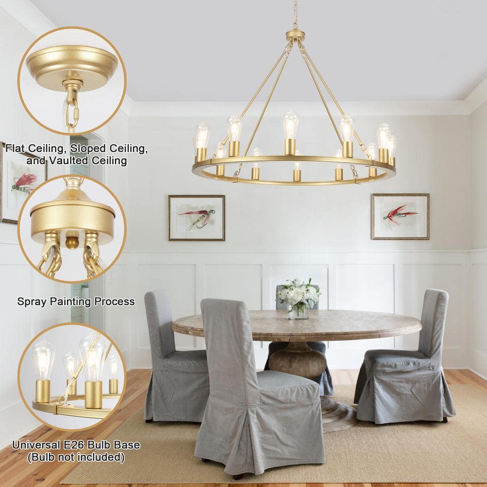 Spray Gold 12-Light Candle Style Wagon Wheel Chandelier