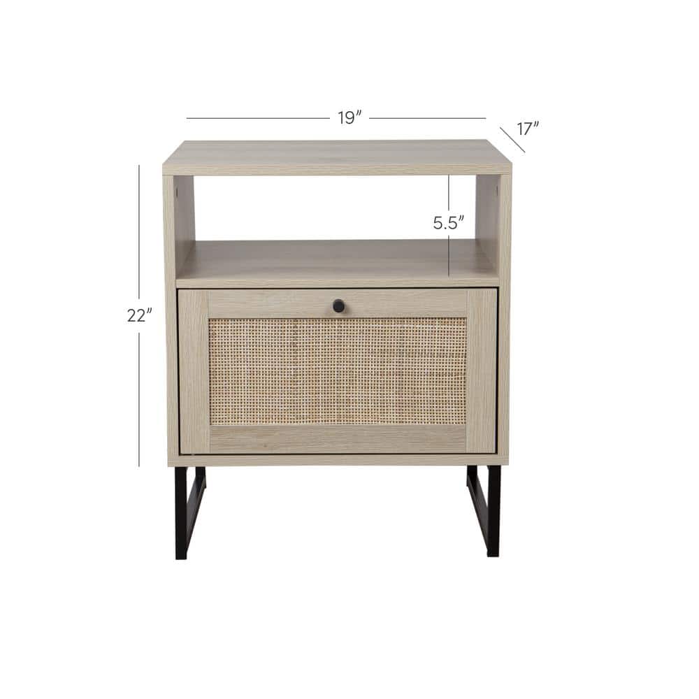 Mina Light Oak and Rattan Nightstands with Black Metal Legs, Set of 2