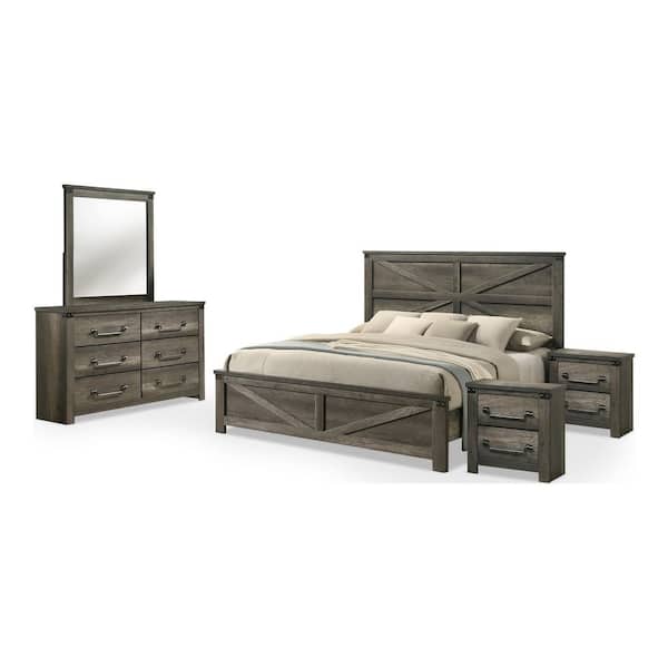 Carter 5-Piece Rustic Gray Wood Frame Queen Panel Bedroom Set with Farmhouse Headboard, Antique Brass Drop Handles