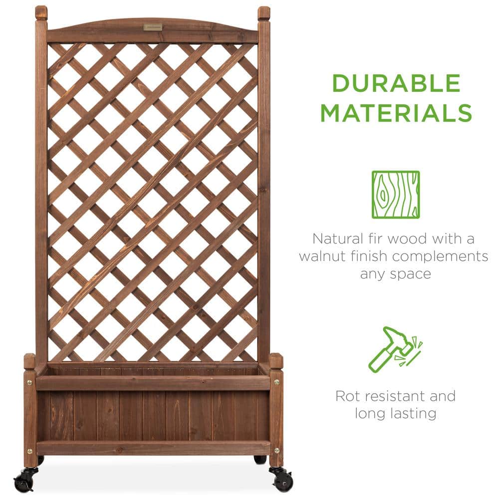 Walnut Fir Wood Mobile Planter Box with Trellis