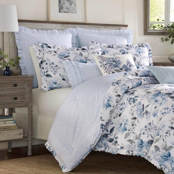 Laura Ashley Chloe 2-Piece Blue Floral Cotton Twin Duvet Cover Set