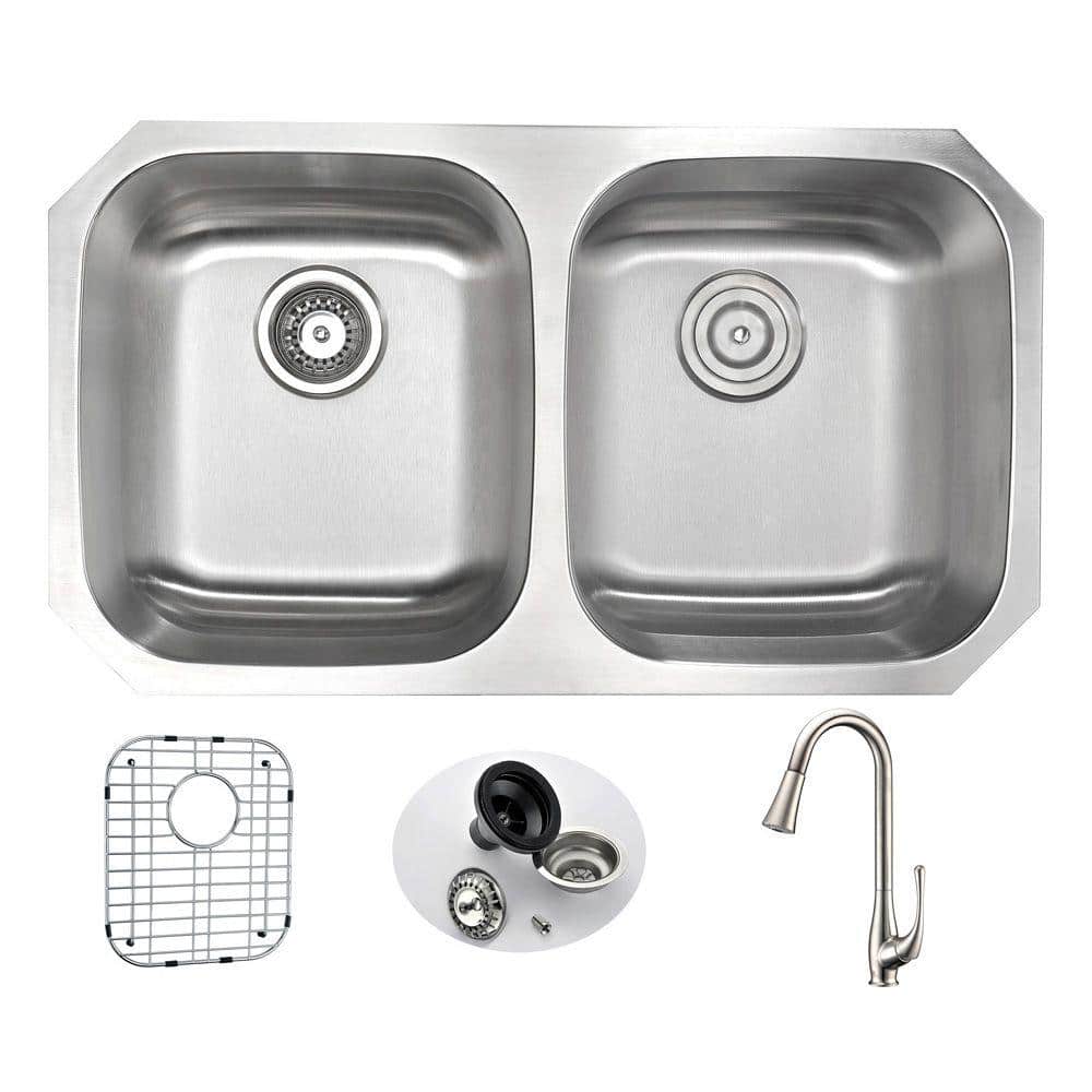 MOORE Undermount Stainless Steel 32 in. Double Bowl Kitchen Sink and Faucet