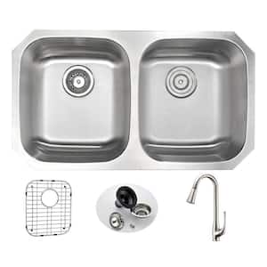 MOORE Undermount Stainless Steel 32 in. Double Bowl Kitchen Sink and Faucet Set with Singer Faucet in Brushed Nickel