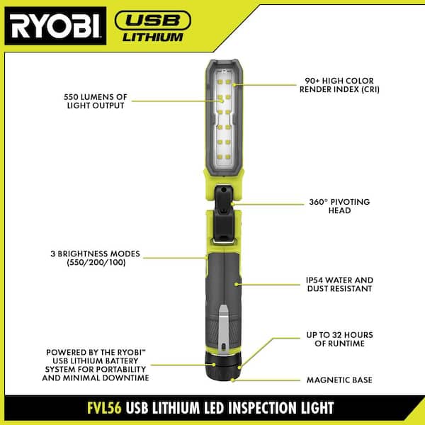 USB Lithium Cordless 550 Lumens Rechargeable Inspection Flashlight Kit with USB Lithium Cordless Clamp Fan