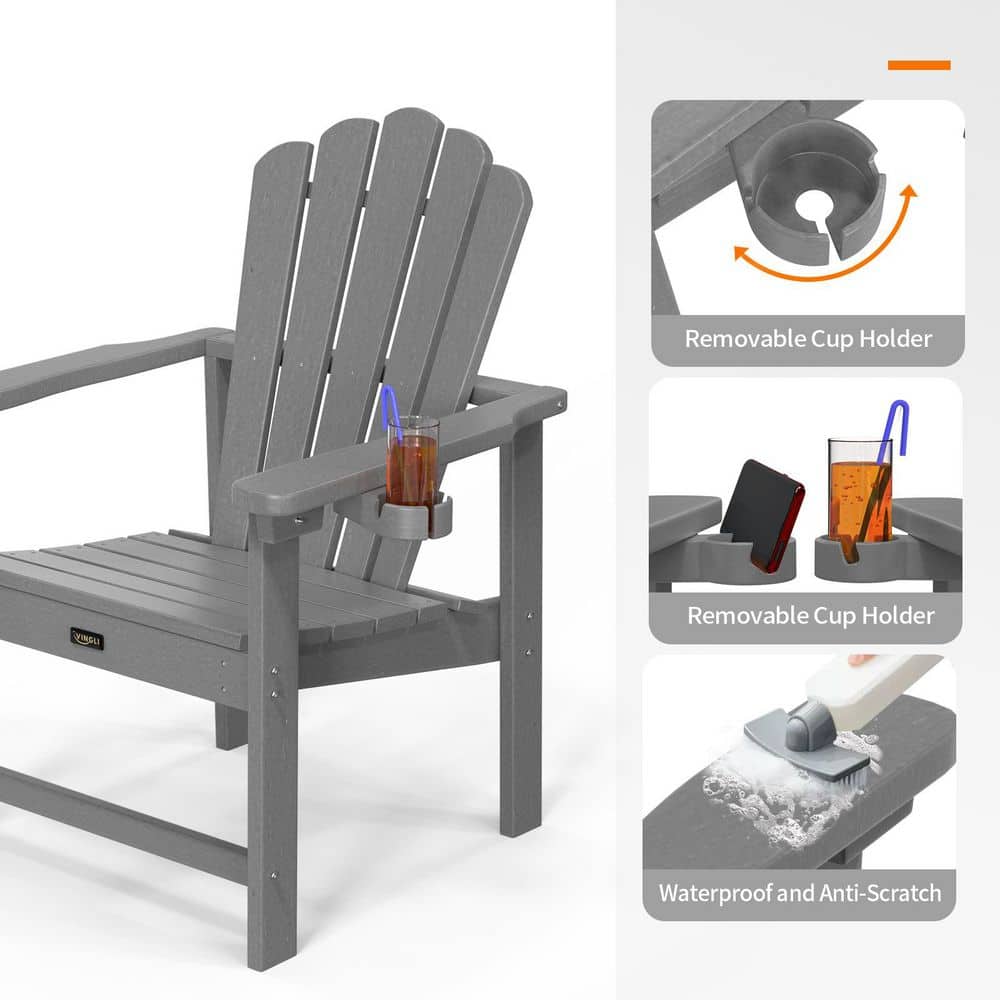 Gray HDPE Folding Adirondack Chair with Cup Holder