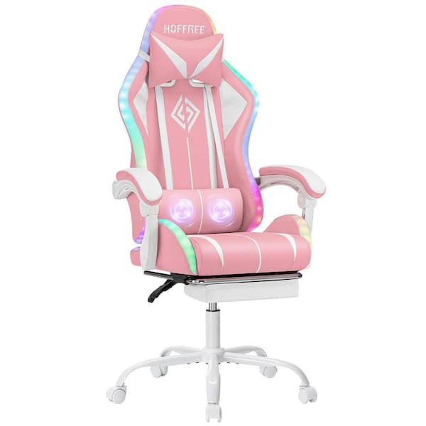 LED Faux Leather Gaming Chair with Massage Ergonomic Computer Chair in Pink and White with Adjustable Arms
