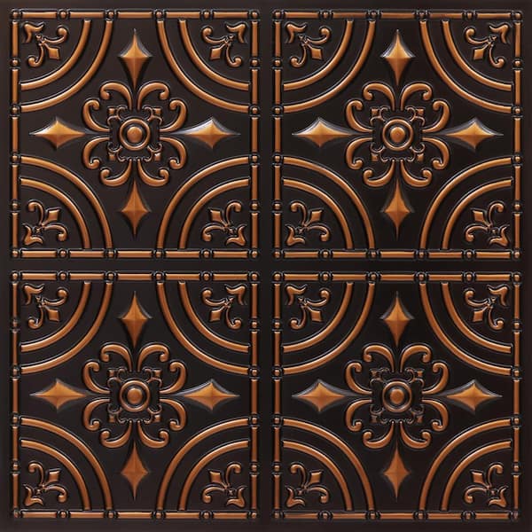 FROM PLAIN TO BEAUTIFUL IN HOURS Wrought Iron Antique Copper 2 ft. x 2 ft. Glue Up PVC Faux Tin Ceiling Tile