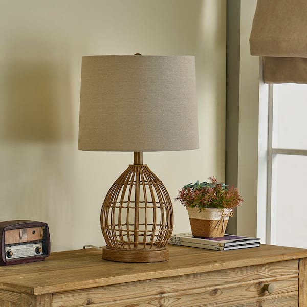 Maxax Heideman 22 in. Beige Modern Rattan Bedroom Living Room Bedside Desk Nightstand Table Lamps USB Port