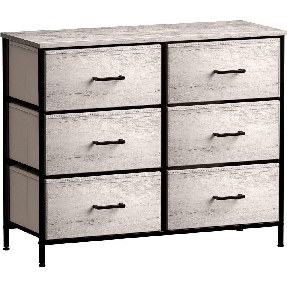 6-Drawer Rustic Black Dresser Steel Frame Wood Top Easy Pull Fabric Bins 11.75 in. L x 31.5 in. W x 24.62 in. H