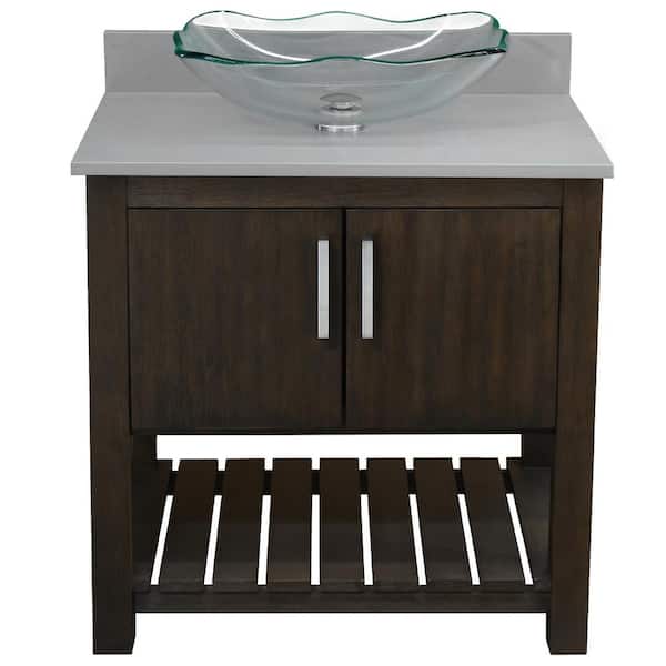 Novatto Ocean Breeze 31 in. W x 22 in. D x 31 in. H 1 Clear Sink with CH Drain Bath Vanity in Cafe Mocha with Grey Quartz Top