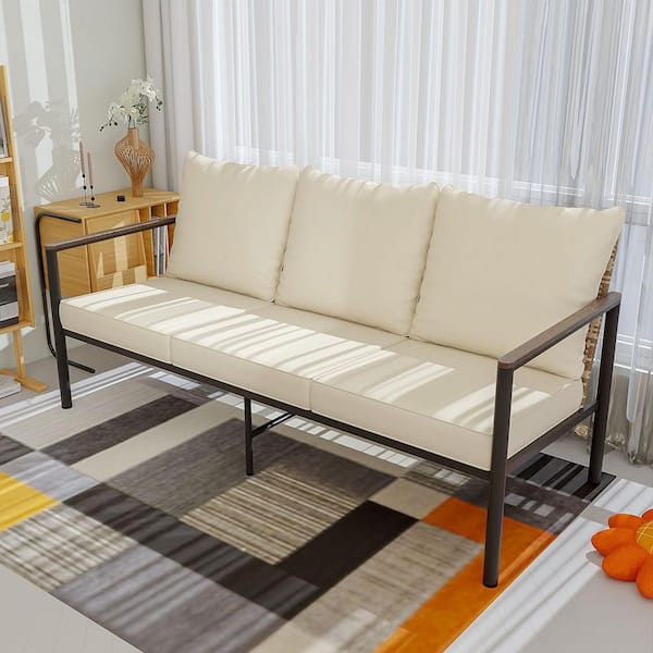 LATTOY Wicker Outdoor Chaise Lounge with Beige Cushions