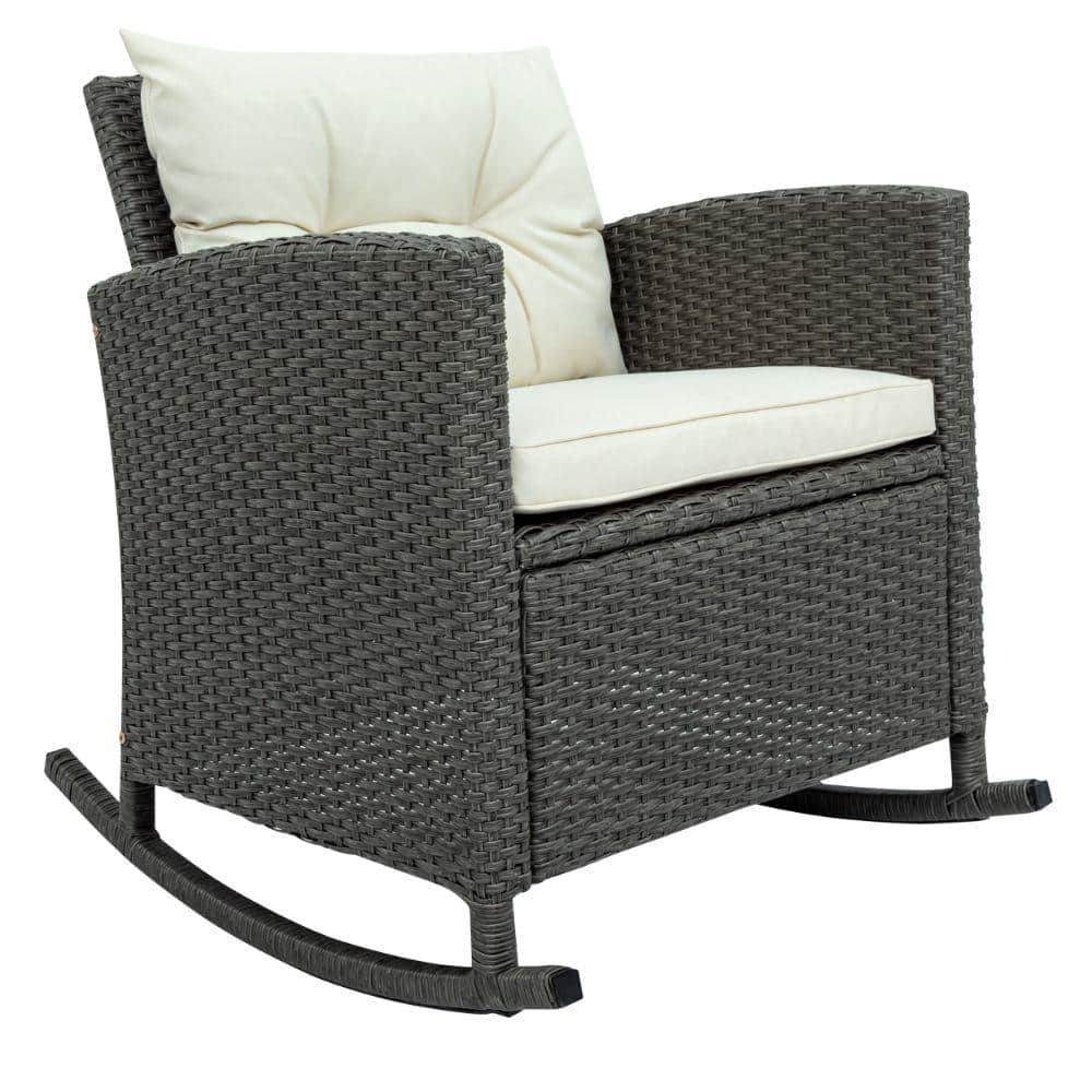 Benjara Beige Wicker Rattan Frame Outdoor Rocking Chairs Patio ...