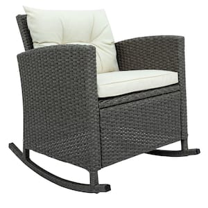 Beige Wicker Rattan Frame Outdoor Rocking Chairs Patio Furniture Set with Table and Cushions