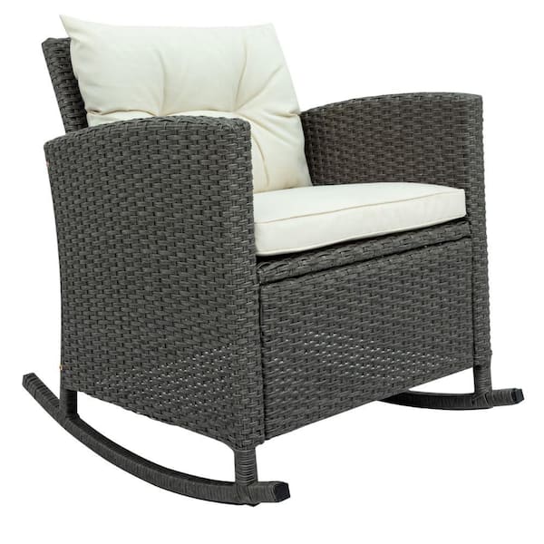 Benjara Beige Wicker Rattan Frame Outdoor Rocking Chairs Patio Furniture Set with Table and Cushions
