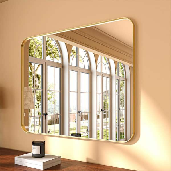 ORGANNICE 32 in. W x 40 in. H Rectangular Aluminum Framed Modern Gold Rounded Wall Mirror